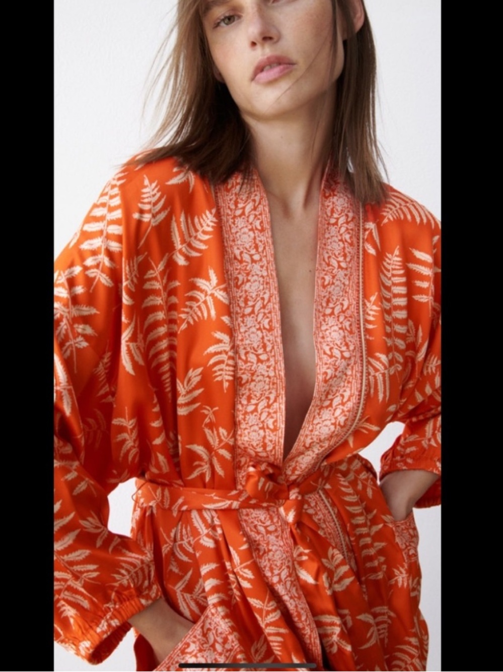 Zara Hanoi orange and white leaf print satin long kimono with waist tie - Picture 4 of 16